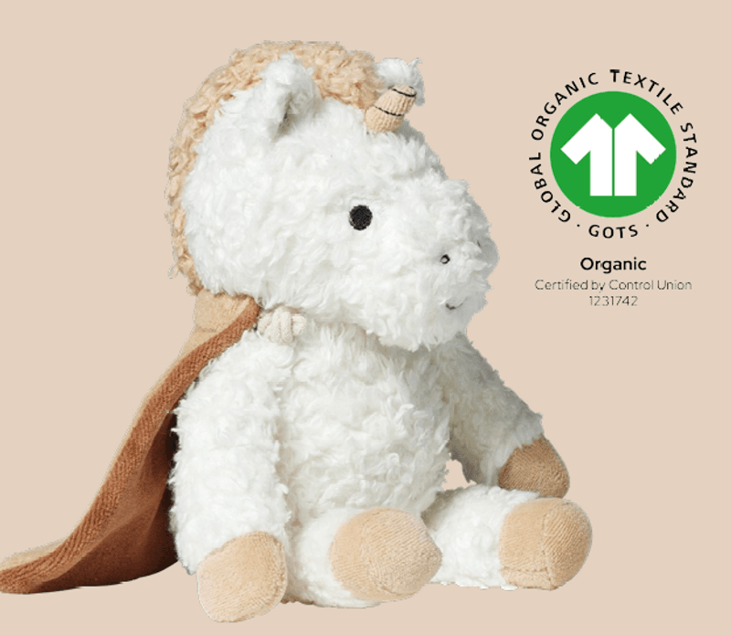 Sleeping Hero Kosebamse med Kappe i Naturmaterialer - Enhjørning 24 cm.
